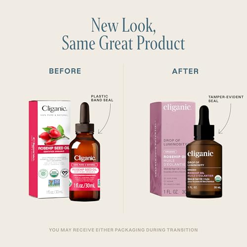 Cliganic Organic Rosehip Seed Oil for Face: USDA Organic, Natural Cold Pressed Unrefined Non-GMO, Carrier Oil for Skin,