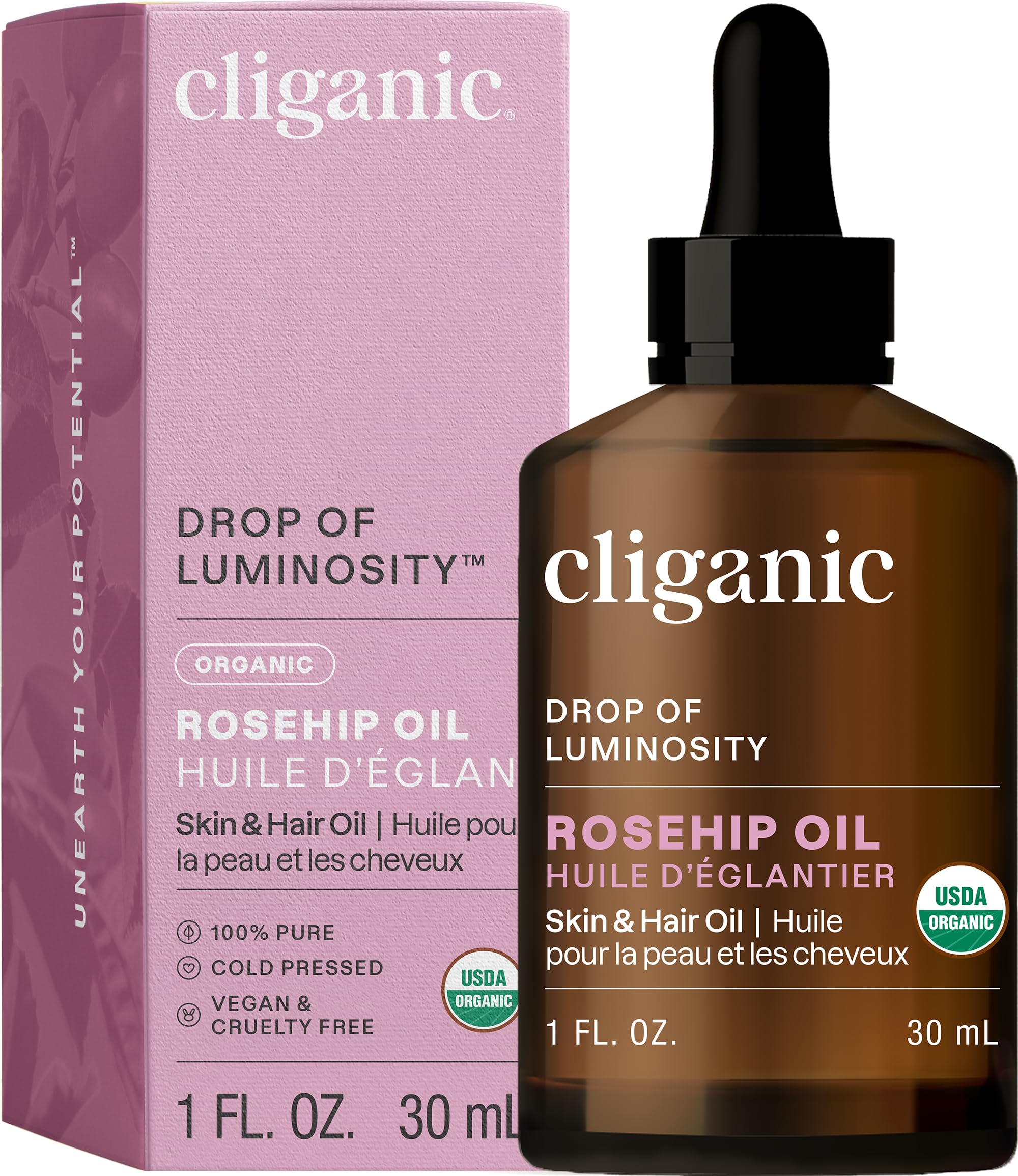 Cliganic Organic Rosehip Seed Oil for Face: USDA Organic, Natural Cold Pressed Unrefined Non-GMO, Carrier Oil for Skin,